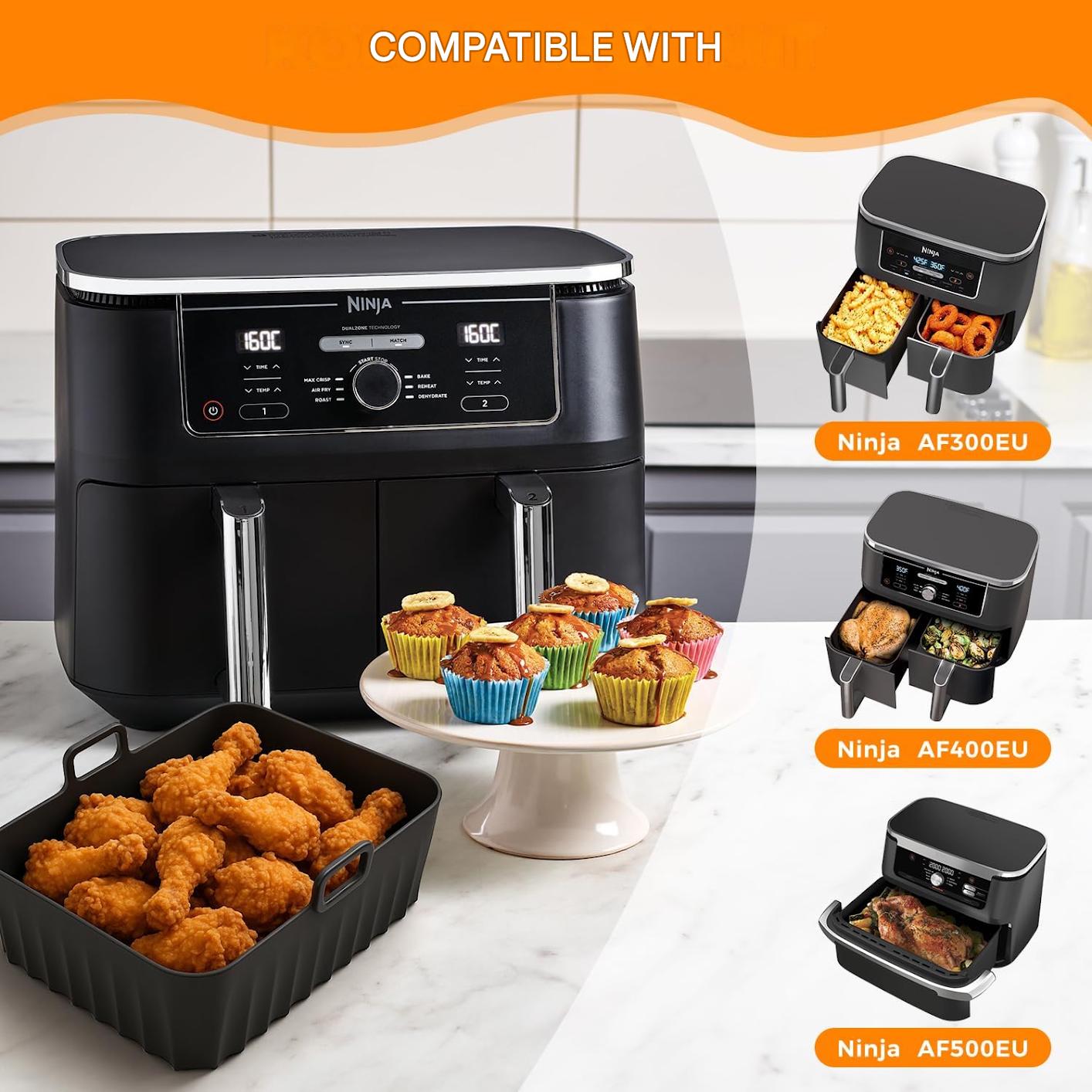 Set 17 accesorii pentru friteuza cu aer cald Ninja Foodi AF300EU, AF400EU, AF500EU, dual zone 7.6L-9.5L, silicon alimentar fara BPA si inox 304, 2 insertii silicon, gratar pentru gatit si frigarui, forme briose, manusi, cleste si 100 foi hartie de copt