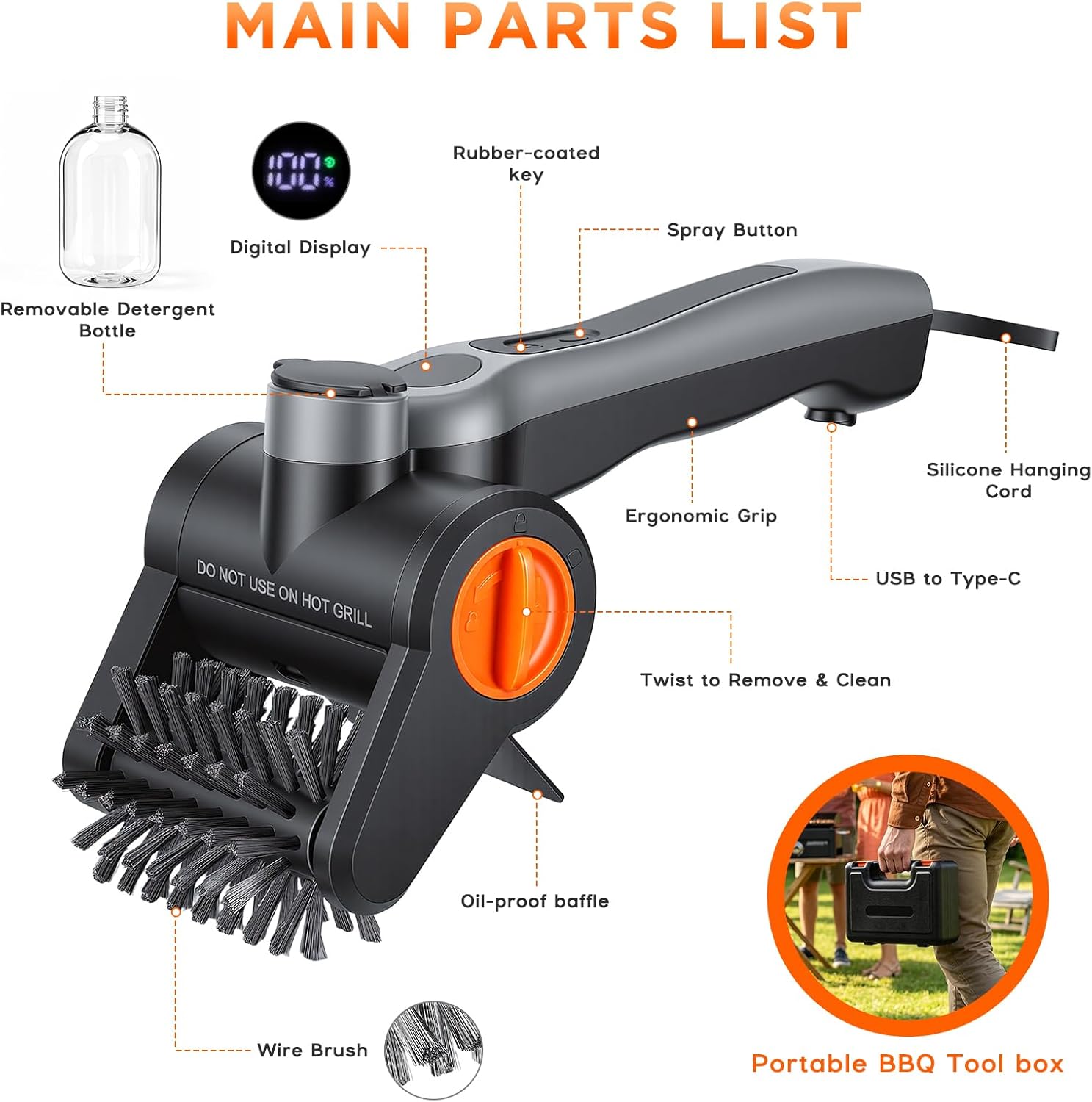 Perie electrica profesionala pentru curatat gratare 100W, 8000 RPM, curatare automata 360°, rezervor apa 300ml cu pulverizare, baterie 2600mAh 7.4V, 2 viteze, IPX8 waterproof, peri otel inoxidabil 304, incarcare USB-C, set complet cu accesorii si geanta