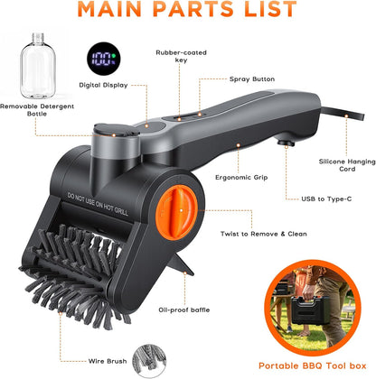 Perie electrica profesionala pentru curatat gratare 100W, 8000 RPM, curatare automata 360°, rezervor apa 300ml cu pulverizare, baterie 2600mAh 7.4V, 2 viteze, IPX8 waterproof, peri otel inoxidabil 304, incarcare USB-C, set complet cu accesorii si geanta