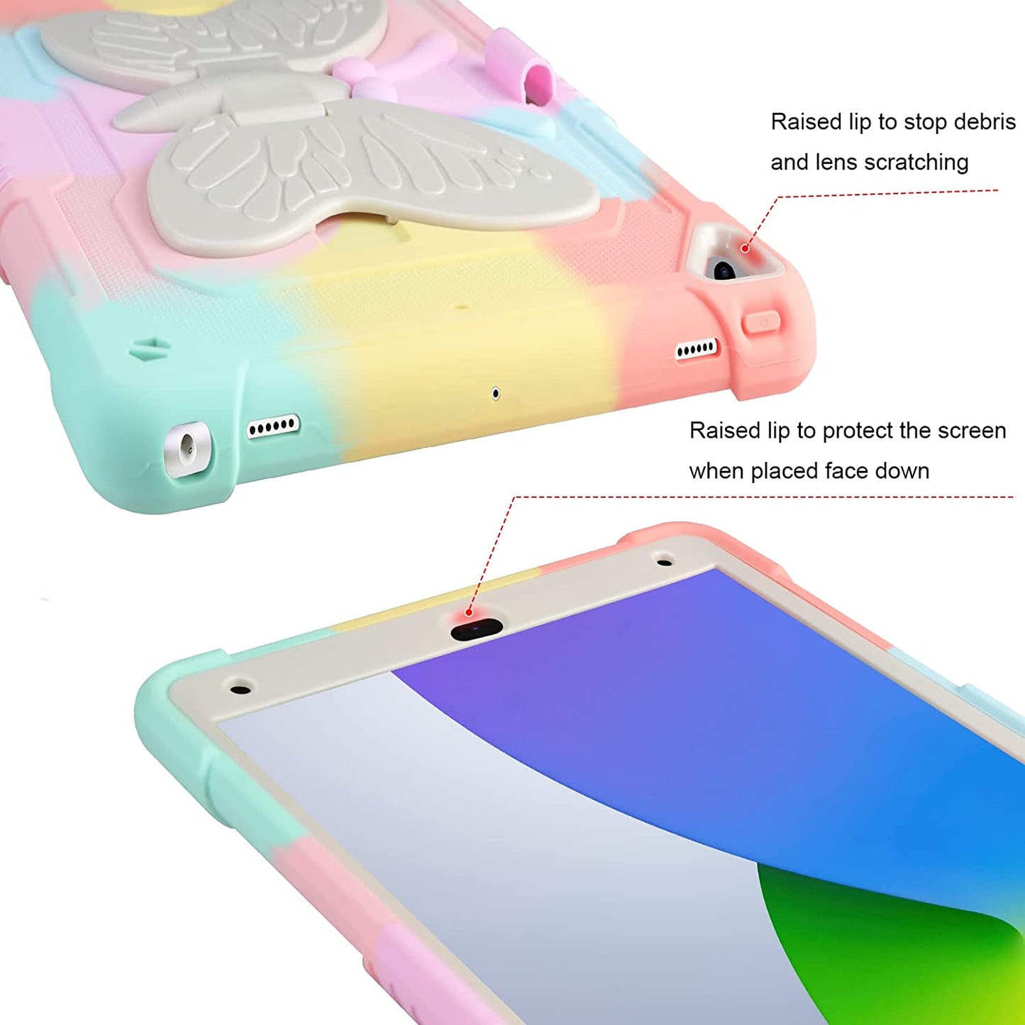 Husa compatibila cu iPad 10.2" generatia 9/8/7, 2021/2020/2019, cu suport pix, rezistenta la socuri, robusta, cu suport stil fluture, pentru copii