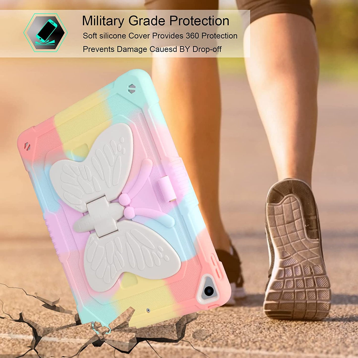 Husa compatibila cu iPad 10.2" generatia 9/8/7, 2021/2020/2019, cu suport pix, rezistenta la socuri, robusta, cu suport stil fluture, pentru copii