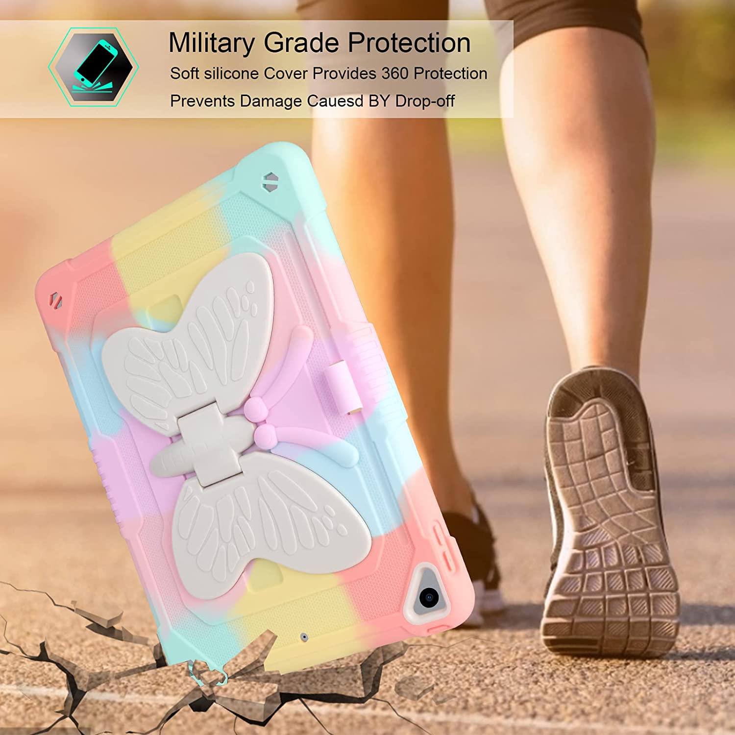 Husa compatibila cu iPad 10.2" generatia 9/8/7, 2021/2020/2019, cu suport pix, rezistenta la socuri, robusta, cu suport stil fluture, pentru copii