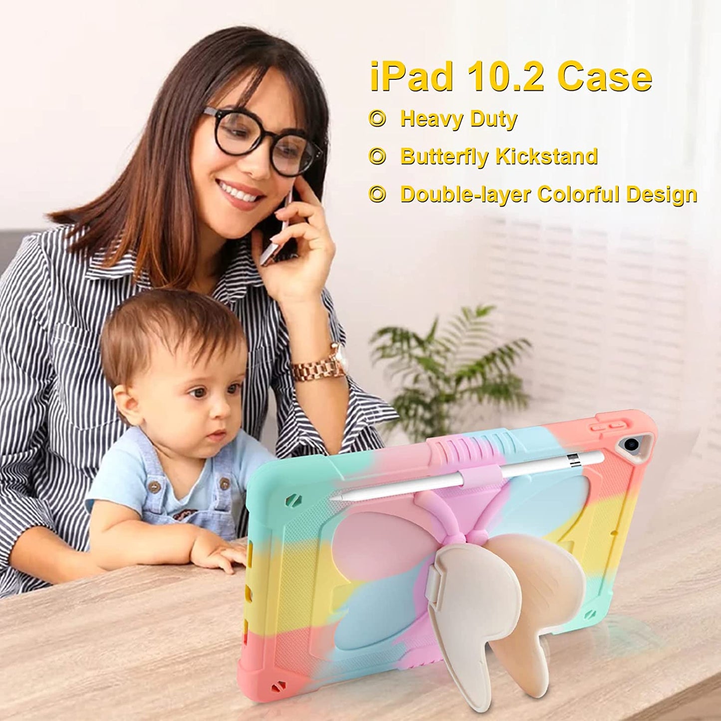 Husa compatibila cu iPad 10.2" generatia 9/8/7, 2021/2020/2019, cu suport pix, rezistenta la socuri, robusta, cu suport stil fluture, pentru copii