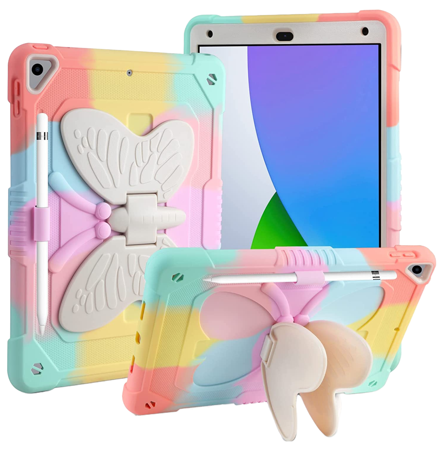 Husa compatibila cu iPad 10.2" generatia 9/8/7, 2021/2020/2019, cu suport pix, rezistenta la socuri, robusta, cu suport stil fluture, pentru copii