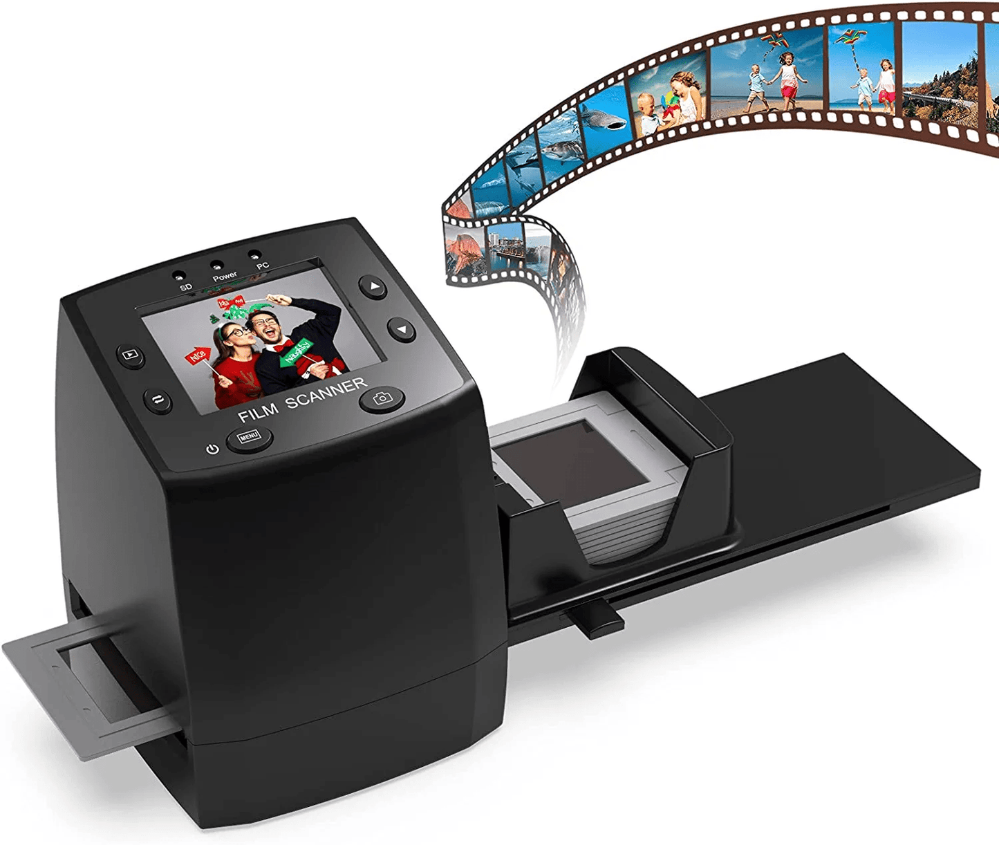 Scanner de film si diapozitive 35 mm / 135, converteste in JPEG digital, de rezolutie inalta 1800 DPI, cu display LCD 2,4 inch, iesire TV si USB