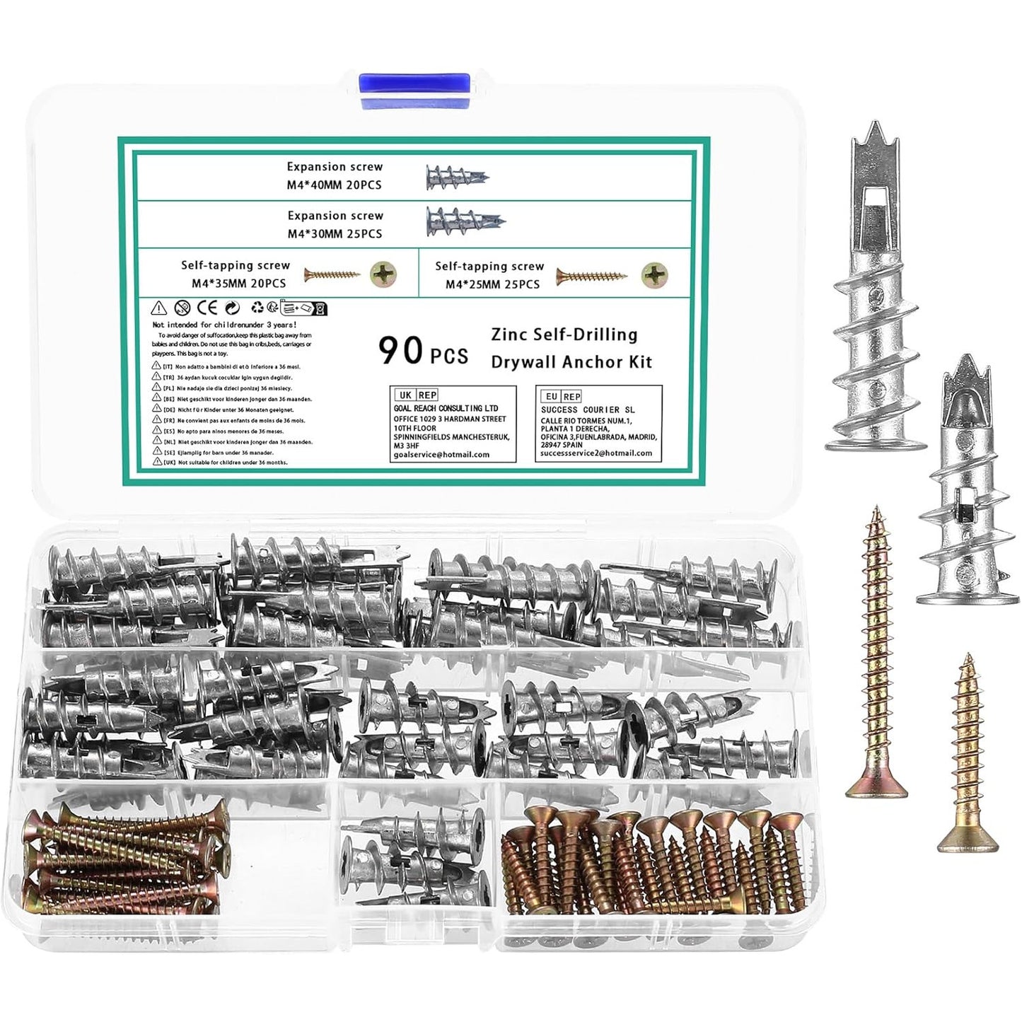 Set de 90 dibluri autoforante M4 pentru gips-carton, dibluri metalice pentru gips-carton cu suruburi, dibluri pentru cavitati, dibluri cu suruburi autoforante pentru montare in gips-carton, caramizi