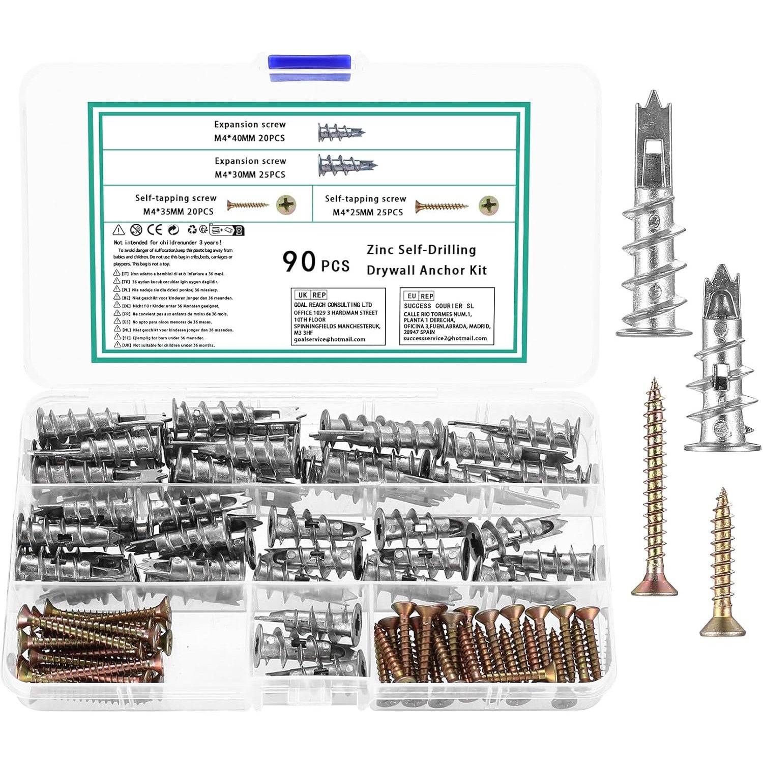 Set de 90 dibluri autoforante M4 pentru gips-carton, dibluri metalice pentru gips-carton cu suruburi, dibluri pentru cavitati, dibluri cu suruburi autoforante pentru montare in gips-carton, caramizi
