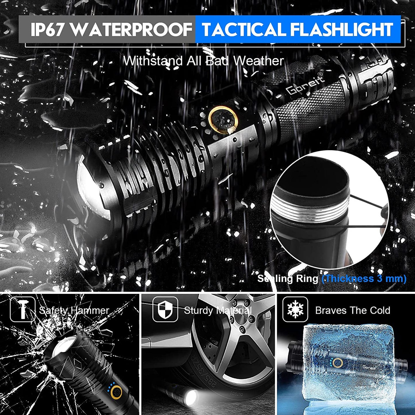 Lanterna tactica profesionala LED, 10.000 lumeni, reincarcabila USB, cu functie powerbank, acumulator 6000 mAh, impermeabila IP67, 5 moduri iluminare, din aluminiu