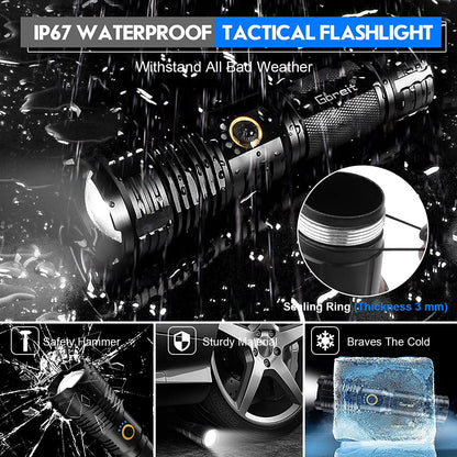 Lanterna tactica profesionala LED, 10.000 lumeni, reincarcabila USB, cu functie powerbank, acumulator 6000 mAh, impermeabila IP67, 5 moduri iluminare, din aluminiu