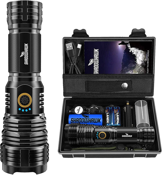 Lanterna tactica profesionala LED, 10.000 lumeni, reincarcabila USB, cu functie powerbank, acumulator 6000 mAh, impermeabila IP67, 5 moduri iluminare, din aluminiu