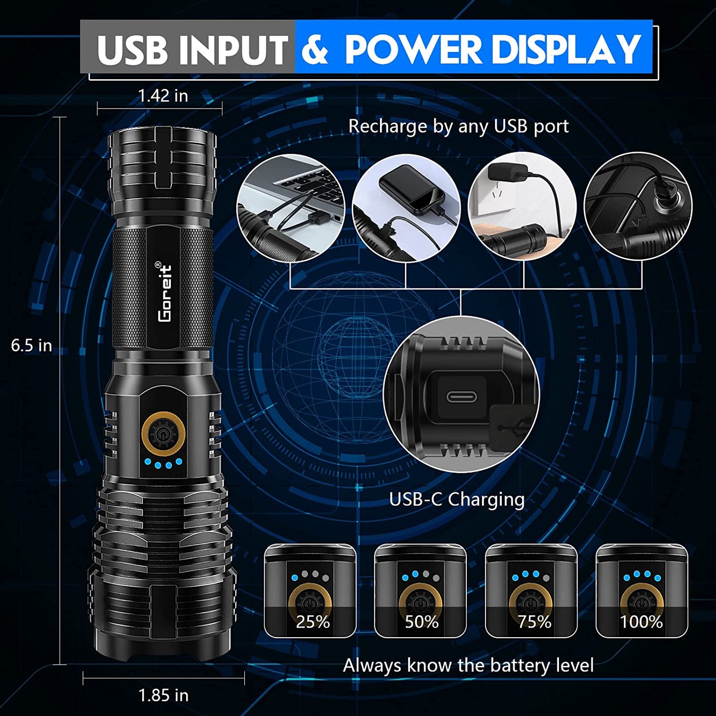 Lanterna tactica profesionala LED, 10.000 lumeni, reincarcabila USB, cu functie powerbank, acumulator 6000 mAh, impermeabila IP67, 5 moduri iluminare, din aluminiu
