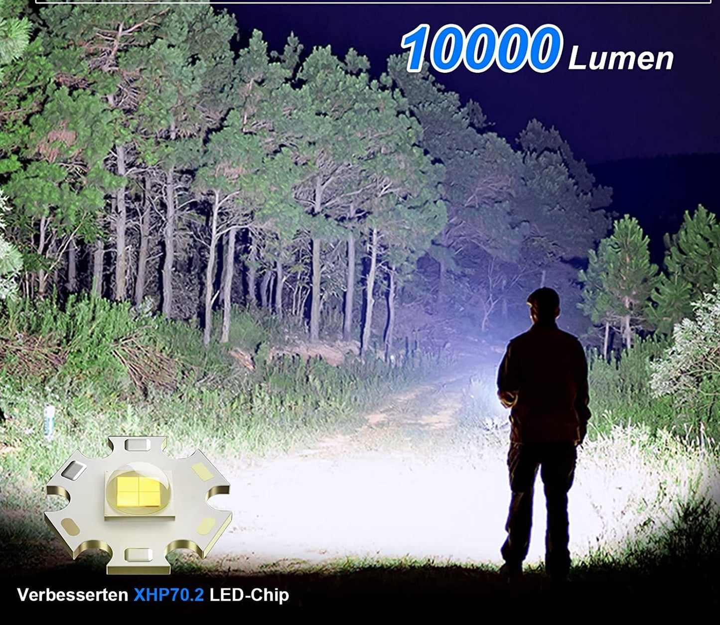 Lanterna tactica profesionala LED, 10.000 lumeni, reincarcabila USB, cu functie powerbank, acumulator 6000 mAh, impermeabila IP67, 5 moduri iluminare, din aluminiu