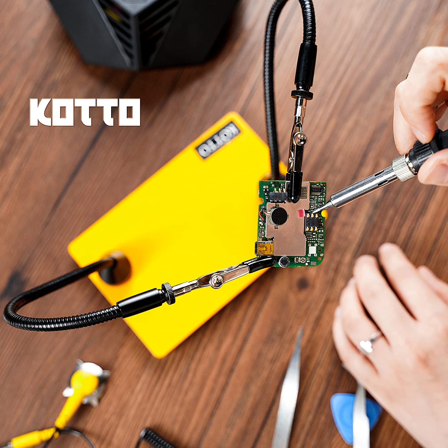Suport de lipit cu 2 brate magnetice cu cleme rotative 360°, baza metalica cu picioruse din cauciuc, pentru placa de circuite, pistol de lipit, ciocan de lipit, bijuterii