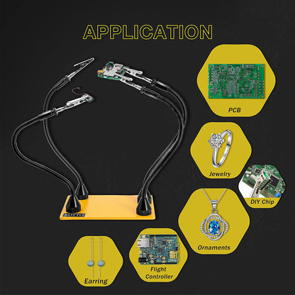Suport de lipit cu 2 brate magnetice cu cleme rotative 360°, baza metalica cu picioruse din cauciuc, pentru placa de circuite, pistol de lipit, ciocan de lipit, bijuterii