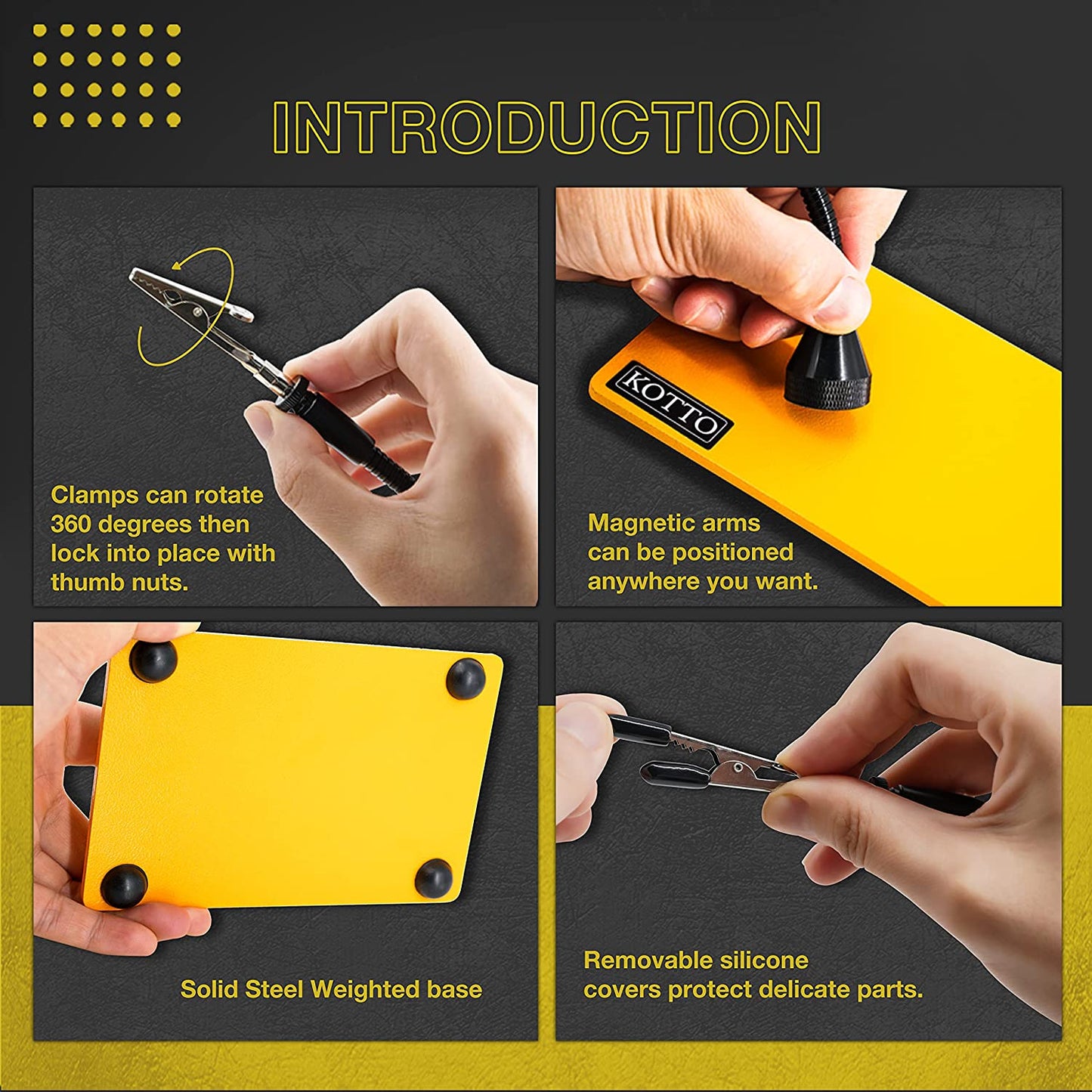 Suport de lipit cu 2 brate magnetice cu cleme rotative 360°, baza metalica cu picioruse din cauciuc, pentru placa de circuite, pistol de lipit, ciocan de lipit, bijuterii
