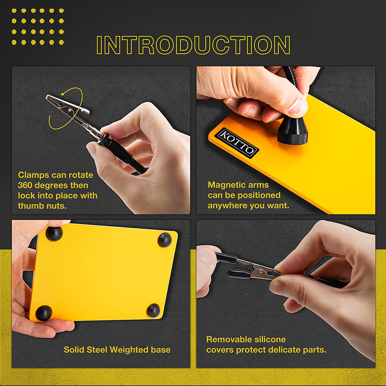 Suport de lipit cu 2 brate magnetice cu cleme rotative 360°, baza metalica cu picioruse din cauciuc, pentru placa de circuite, pistol de lipit, ciocan de lipit, bijuterii