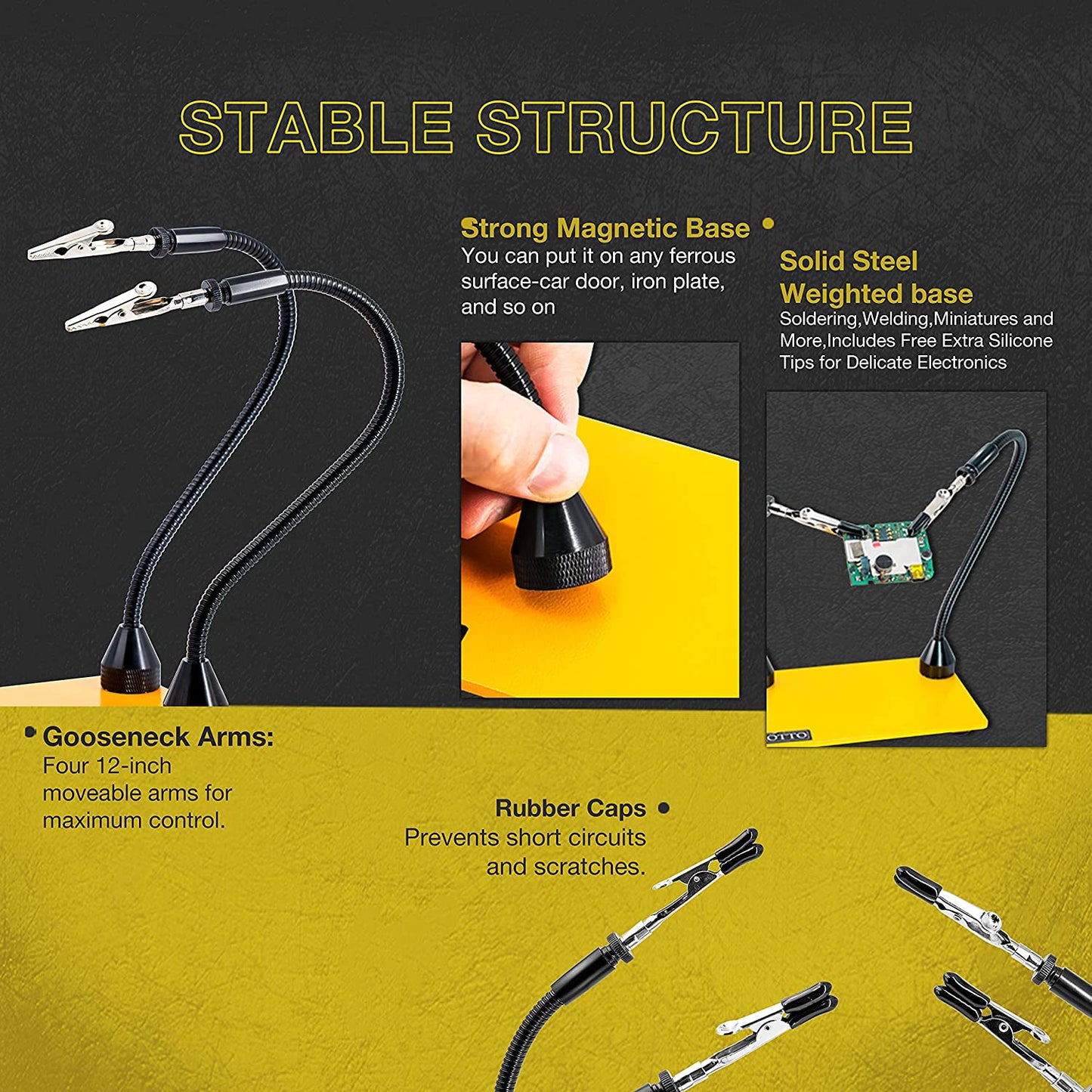 Suport de lipit cu 2 brate magnetice cu cleme rotative 360°, baza metalica cu picioruse din cauciuc, pentru placa de circuite, pistol de lipit, ciocan de lipit, bijuterii