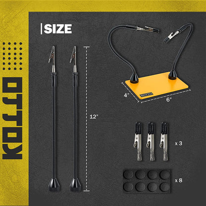 Suport de lipit cu 2 brate magnetice cu cleme rotative 360°, baza metalica cu picioruse din cauciuc, pentru placa de circuite, pistol de lipit, ciocan de lipit, bijuterii