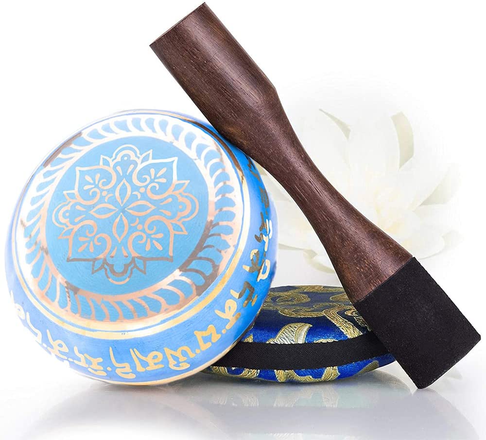 Bol Tibetan cantator, vas Silent Mind cu Buddha Medicine si cele 8 simboluri, pentru meditatie, yoga, relaxare, mindfulness, de 10 cm, cu pernuta si instrument din lemn