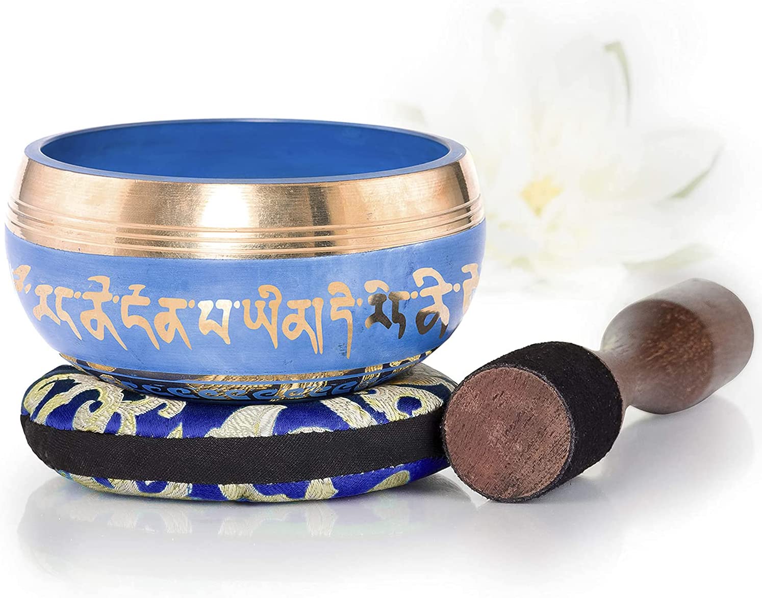 Bol Tibetan cantator, vas Silent Mind cu Buddha Medicine si cele 8 simboluri, pentru meditatie, yoga, relaxare, mindfulness, de 10 cm, cu pernuta si instrument din lemn