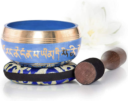 Bol Tibetan cantator, vas Silent Mind cu Buddha Medicine si cele 8 simboluri, pentru meditatie, yoga, relaxare, mindfulness, de 10 cm, cu pernuta si instrument din lemn