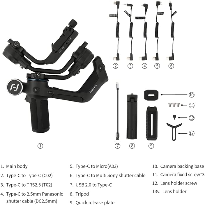 Stabilizator gimbal profesional cu 3 axe, pentru camera DSLR si Mirrorrless, placuta eliberare rapida Arca, sarcina maxima 2.5 kg, rotire 320°, FeiyuTech SCORP-C
