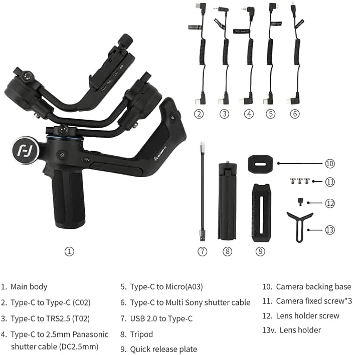 Stabilizator gimbal profesional cu 3 axe, pentru camera DSLR si Mirrorrless, placuta eliberare rapida Arca, sarcina maxima 2.5 kg, rotire 320°, FeiyuTech SCORP-C