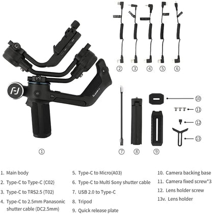 Stabilizator gimbal profesional cu 3 axe, pentru camera DSLR si Mirrorrless, placuta eliberare rapida Arca, sarcina maxima 2.5 kg, rotire 320°, FeiyuTech SCORP-C
