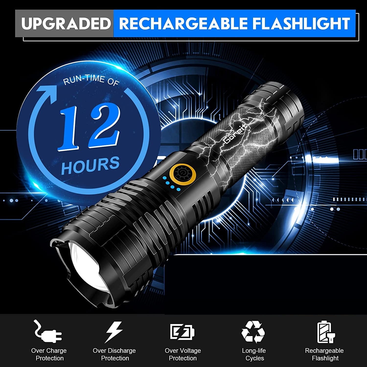 Lanterna tactica profesionala LED, 10.000 lumeni, reincarcabila USB, cu functie powerbank, acumulator 6000 mAh, impermeabila IP67, 5 moduri iluminare, din aluminiu