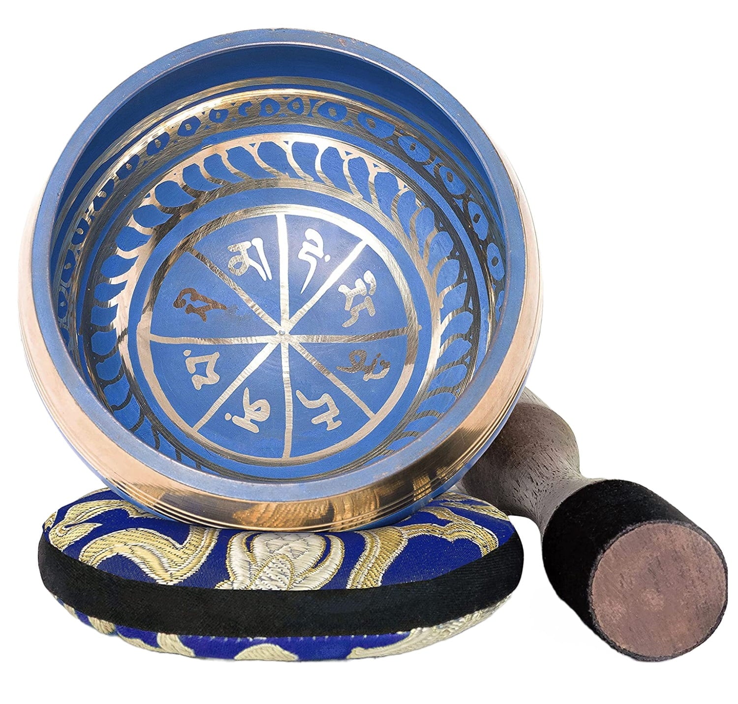 Bol Tibetan cantator, vas Silent Mind cu Buddha Medicine si cele 8 simboluri, pentru meditatie, yoga, relaxare, mindfulness, de 10 cm, cu pernuta si instrument din lemn