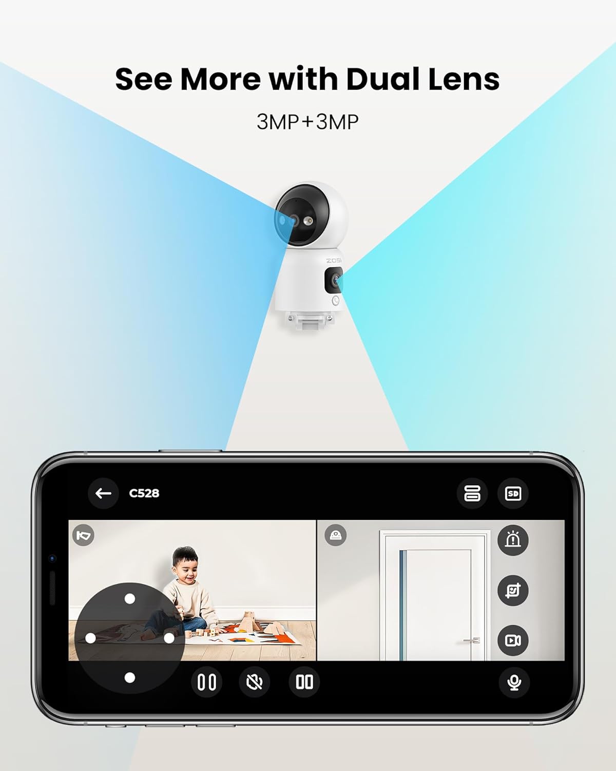 Camera de supraveghere WiFi 2.4/5GHz de interior cu lentila dubla 3MP + 3MP, detectare si urmarire persoana prin AI, comunicare bidirectionala, nightvision color