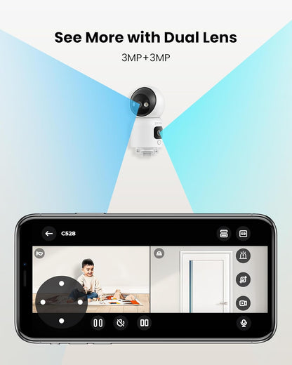 Camera de supraveghere WiFi 2.4/5GHz de interior cu lentila dubla 3MP + 3MP, detectare si urmarire persoana prin AI, comunicare bidirectionala, nightvision color