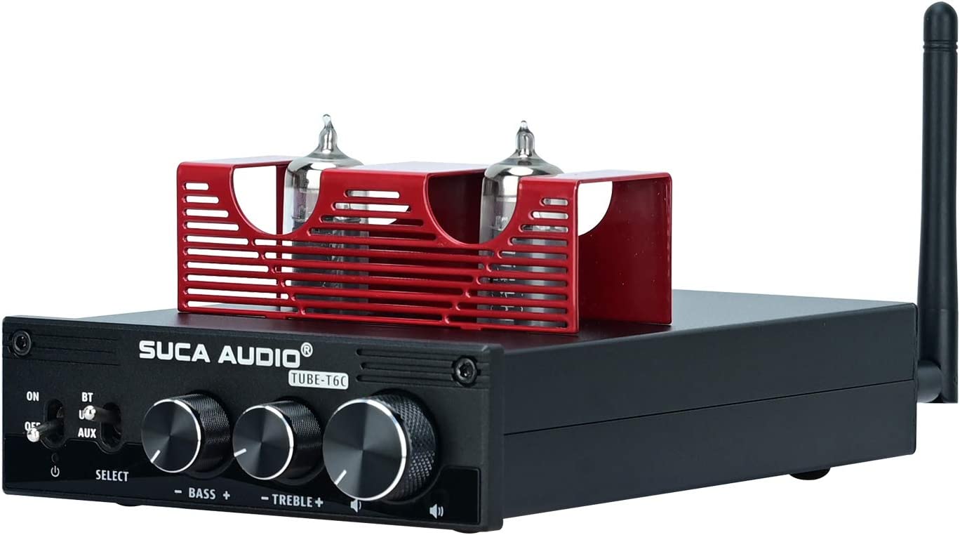 Amplificator audio HiFi Bluetooth 5.0, cu tub vid 6K4, 2 canale 160 W + 160 W, intrare Bluetooth, USB 2.0 si RCA, cu control volum, bass, treble, Suca Audio