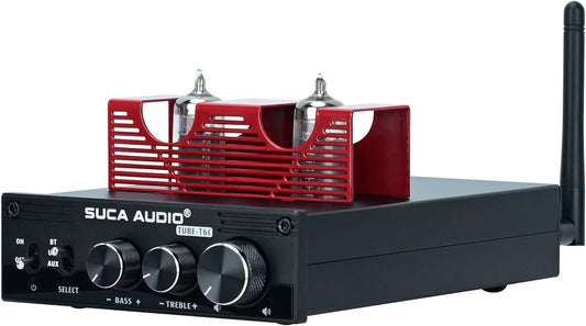 Amplificator audio HiFi Bluetooth 5.0, cu tub vid 6K4, 2 canale 160 W + 160 W, intrare Bluetooth, USB 2.0 si RCA, cu control volum, bass, treble, Suca Audio
