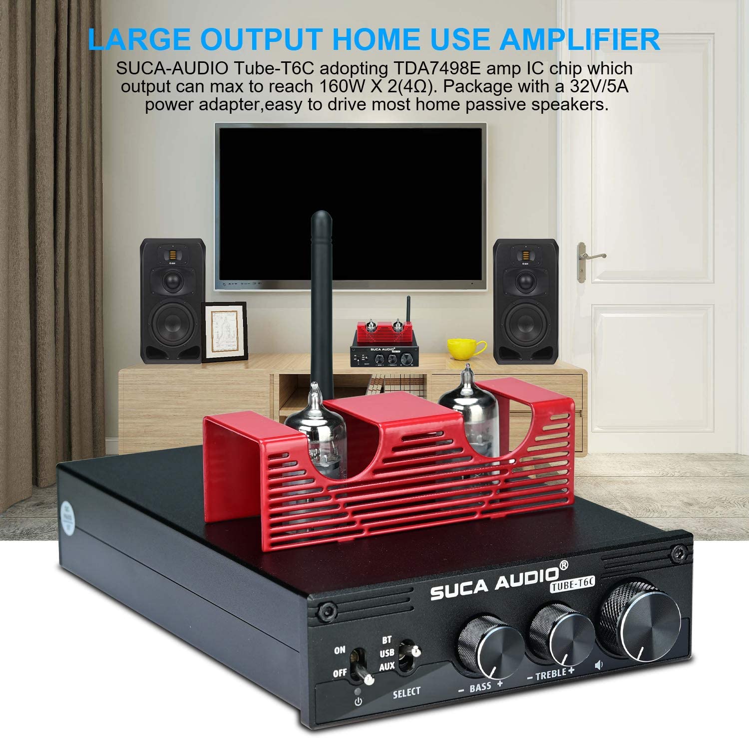 Amplificator audio HiFi Bluetooth 5.0, cu tub vid 6K4, 2 canale 160 W + 160 W, intrare Bluetooth, USB 2.0 si RCA, cu control volum, bass, treble, Suca Audio