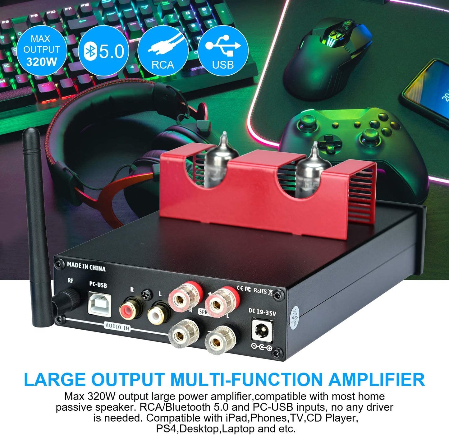 Amplificator audio HiFi Bluetooth 5.0, cu tub vid 6K4, 2 canale 160 W + 160 W, intrare Bluetooth, USB 2.0 si RCA, cu control volum, bass, treble, Suca Audio