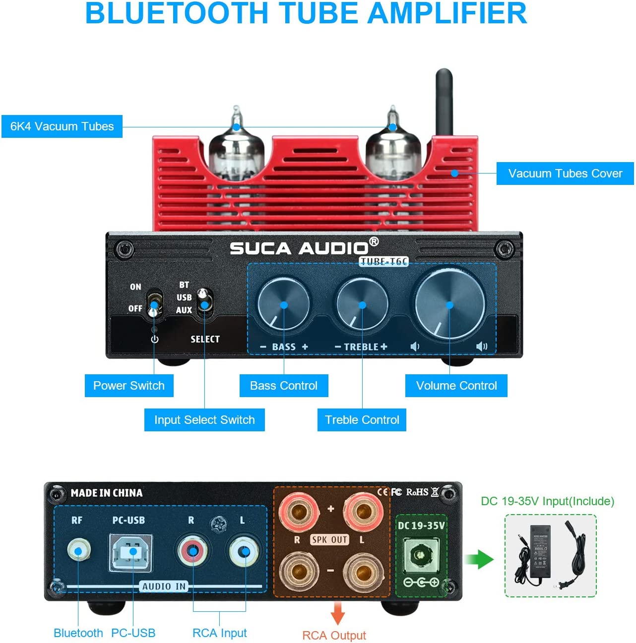 Amplificator audio HiFi Bluetooth 5.0, cu tub vid 6K4, 2 canale 160 W + 160 W, intrare Bluetooth, USB 2.0 si RCA, cu control volum, bass, treble, Suca Audio