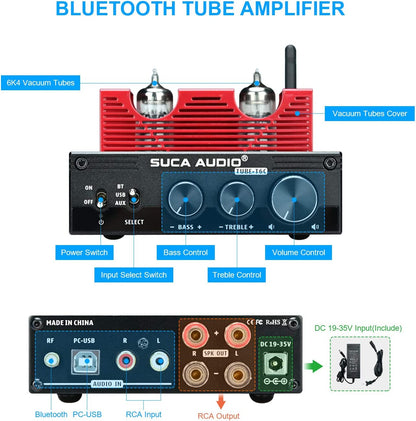 Amplificator audio HiFi Bluetooth 5.0, cu tub vid 6K4, 2 canale 160 W + 160 W, intrare Bluetooth, USB 2.0 si RCA, cu control volum, bass, treble, Suca Audio