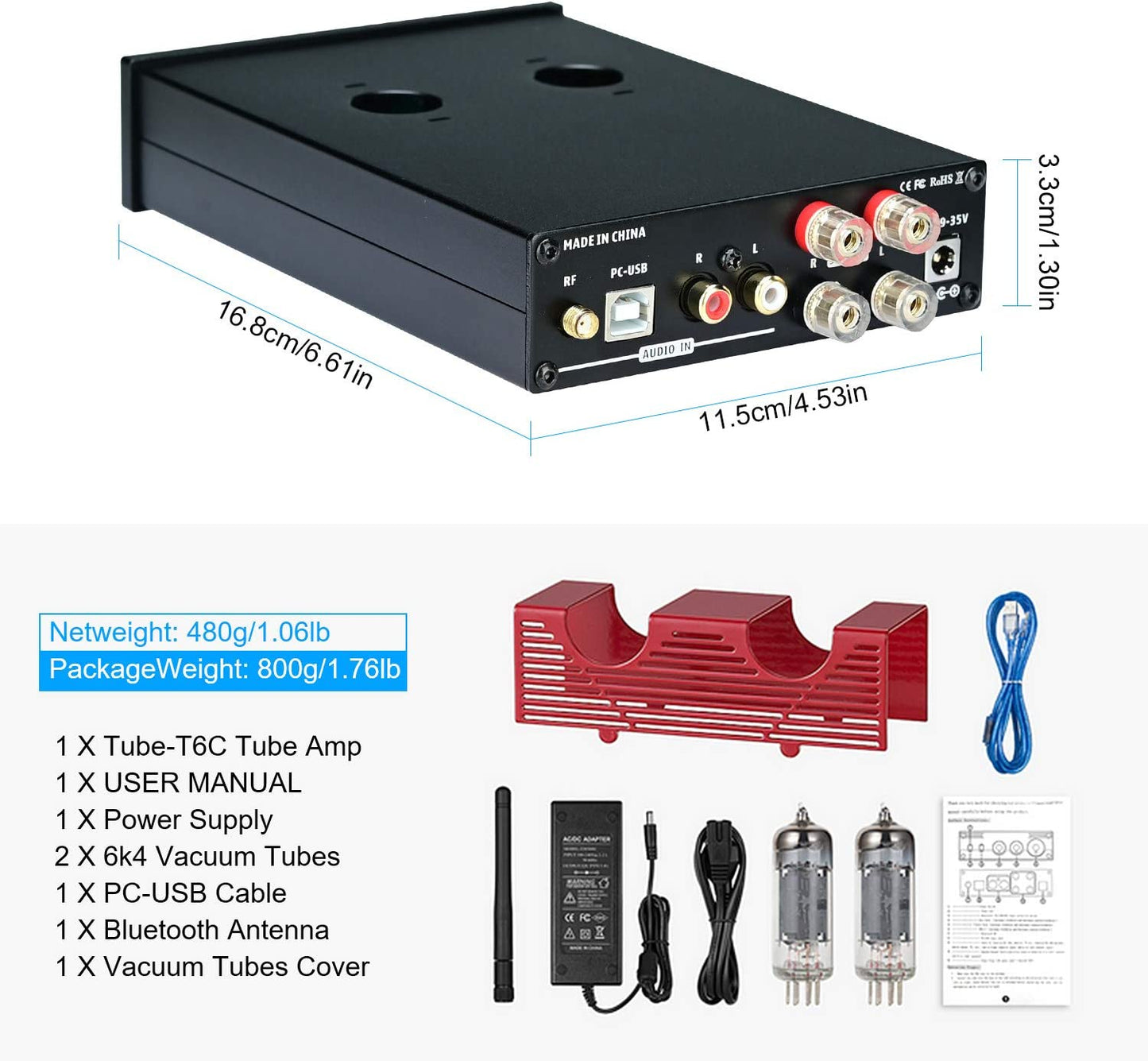 Amplificator audio HiFi Bluetooth 5.0, cu tub vid 6K4, 2 canale 160 W + 160 W, intrare Bluetooth, USB 2.0 si RCA, cu control volum, bass, treble, Suca Audio