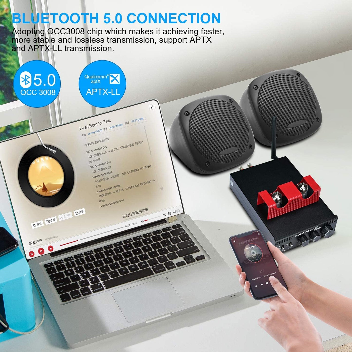 Amplificator audio HiFi Bluetooth 5.0, cu tub vid 6K4, 2 canale 160 W + 160 W, intrare Bluetooth, USB 2.0 si RCA, cu control volum, bass, treble, Suca Audio