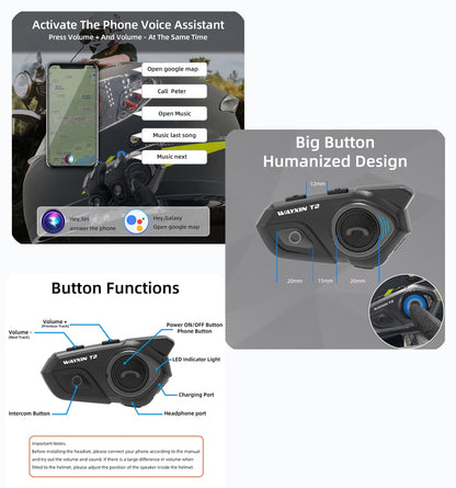 Sistem de comunicare moto cu Bluetooth 5.0, single pack, functie anulare zgomot, pana la 15h de functionare, 2 tipuri de microfoane, raza de actiune 30m, Wayxin T2