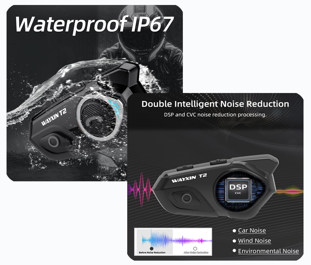 Sistem de comunicare moto cu Bluetooth 5.0, single pack, functie anulare zgomot, pana la 15h de functionare, 2 tipuri de microfoane, raza de actiune 30m, Wayxin T2