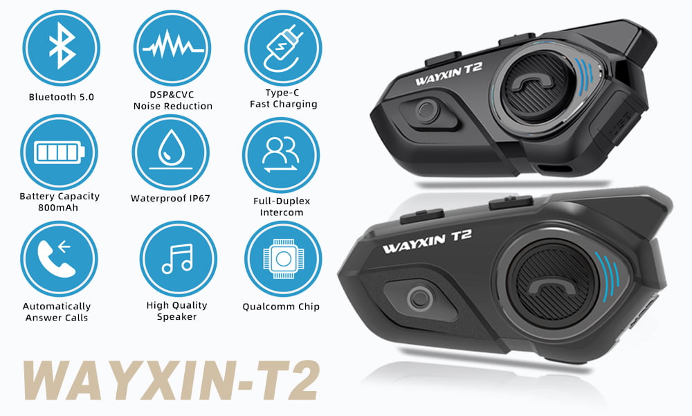 Sistem de comunicare moto cu Bluetooth 5.0, single pack, functie anulare zgomot, pana la 15h de functionare, 2 tipuri de microfoane, raza de actiune 30m, Wayxin T2