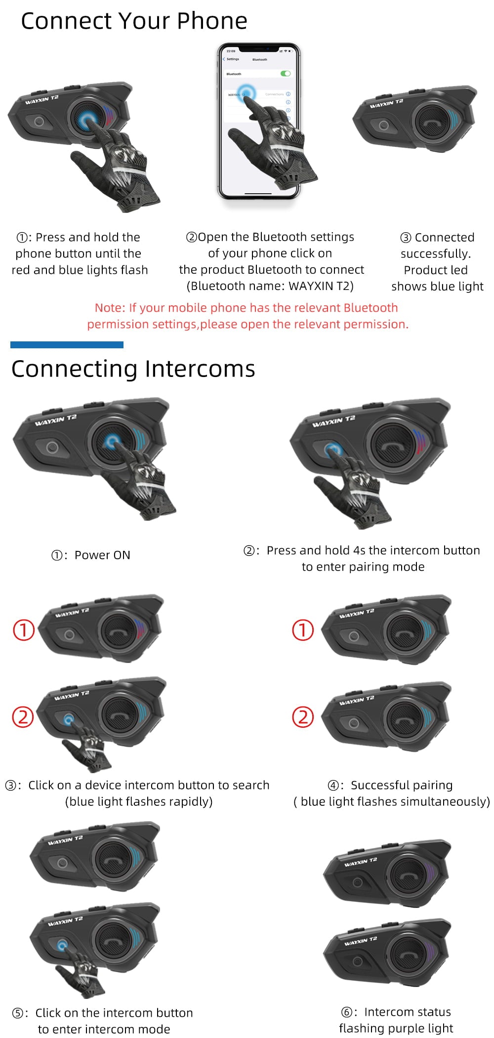 Sistem de comunicare moto cu Bluetooth 5.0, single pack, functie anulare zgomot, pana la 15h de functionare, 2 tipuri de microfoane, raza de actiune 30m, Wayxin T2