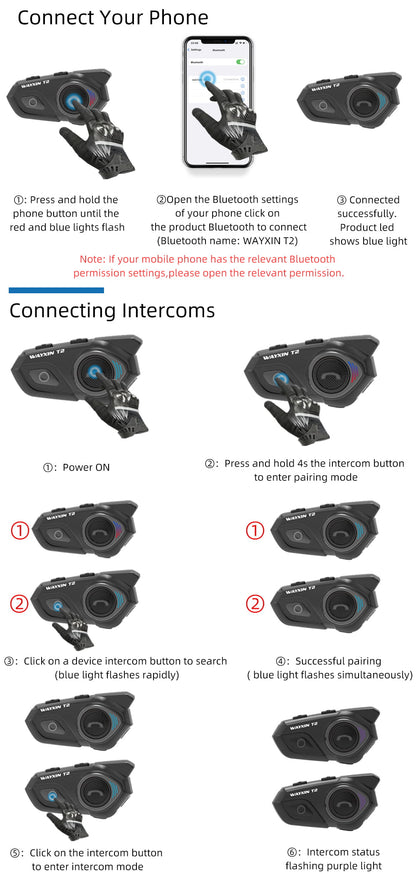 Sistem de comunicare moto cu Bluetooth 5.0, single pack, functie anulare zgomot, pana la 15h de functionare, 2 tipuri de microfoane, raza de actiune 30m, Wayxin T2
