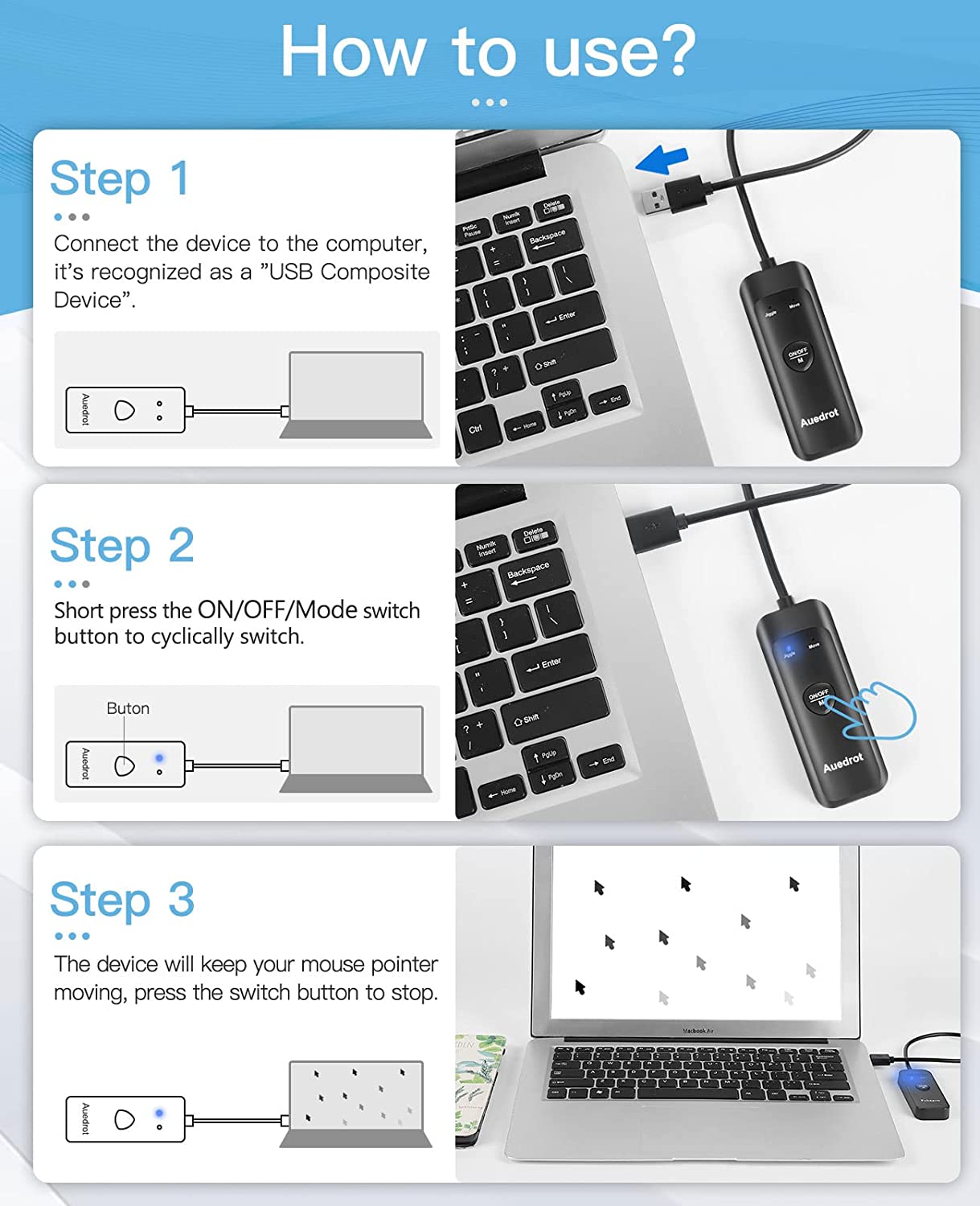 Mouse jiggler USB cu 2 moduri de miscare a cursorului, Plug & Play, cu buton pornit/oprit, fara driver