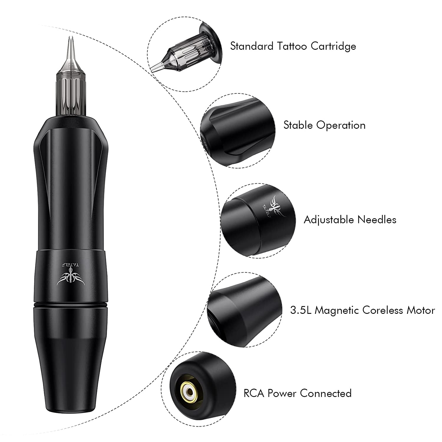 Set de tatuaj profesional cu masina de tatuat rotativa cu 2 motoare interschimbabile si sursa cu butoane tactile si ecran LCD, ace si cupe pentru vopsea