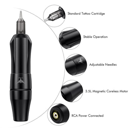 Set de tatuaj profesional cu masina de tatuat rotativa cu 2 motoare interschimbabile si sursa cu butoane tactile si ecran LCD, ace si cupe pentru vopsea