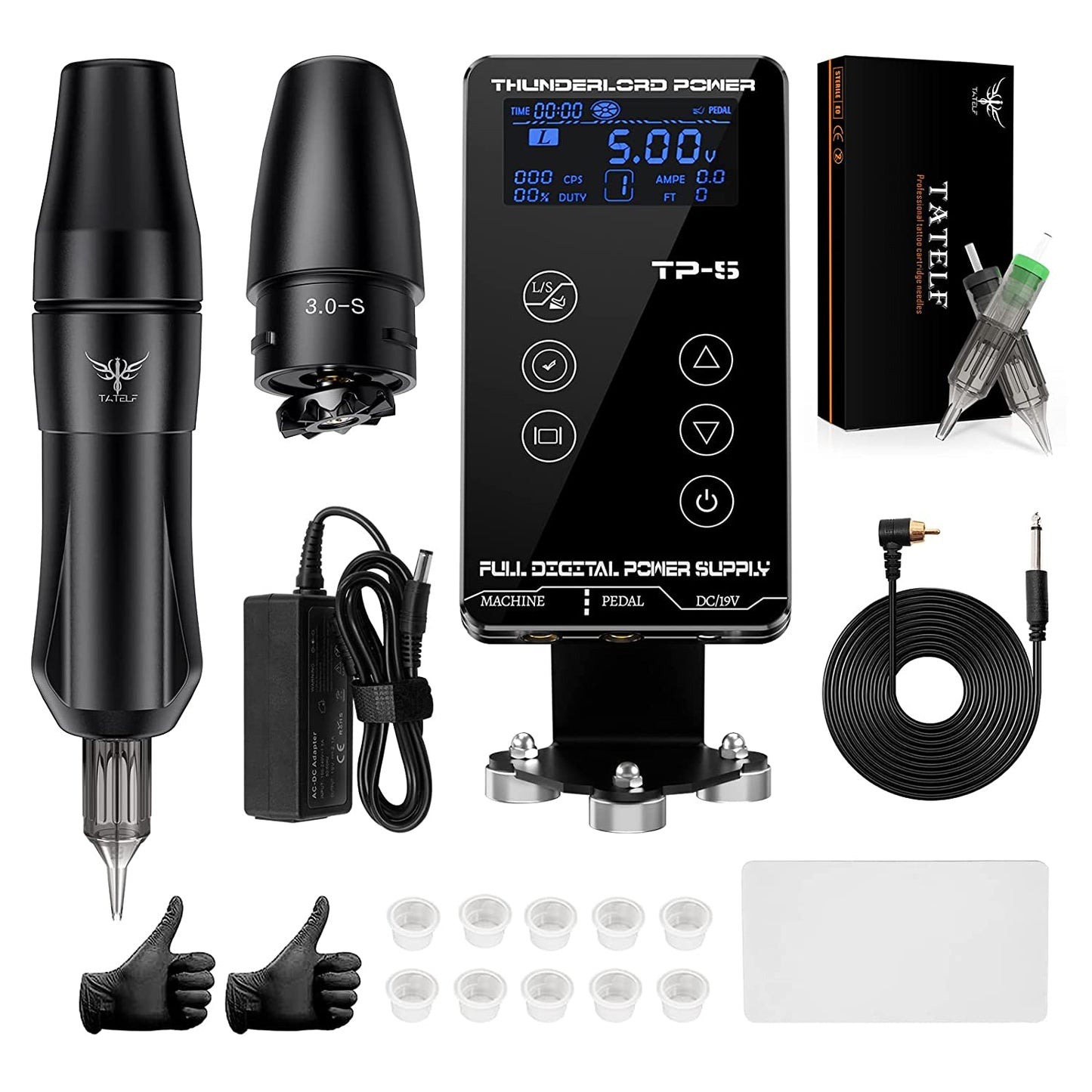 Set de tatuaj profesional cu masina de tatuat rotativa cu 2 motoare interschimbabile si sursa cu butoane tactile si ecran LCD, ace si cupe pentru vopsea