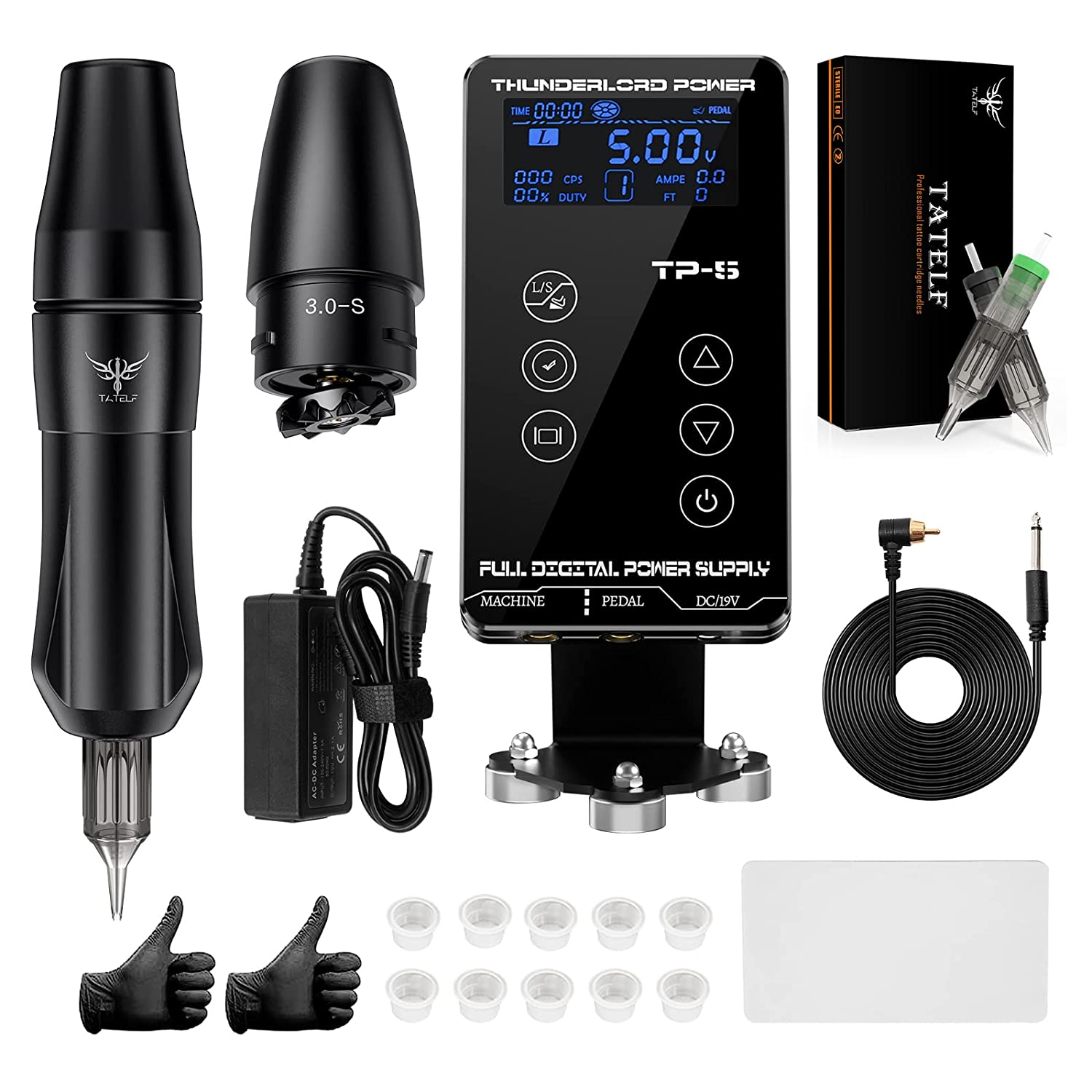 Set de tatuaj profesional cu masina de tatuat rotativa cu 2 motoare interschimbabile si sursa cu butoane tactile si ecran LCD, ace si cupe pentru vopsea